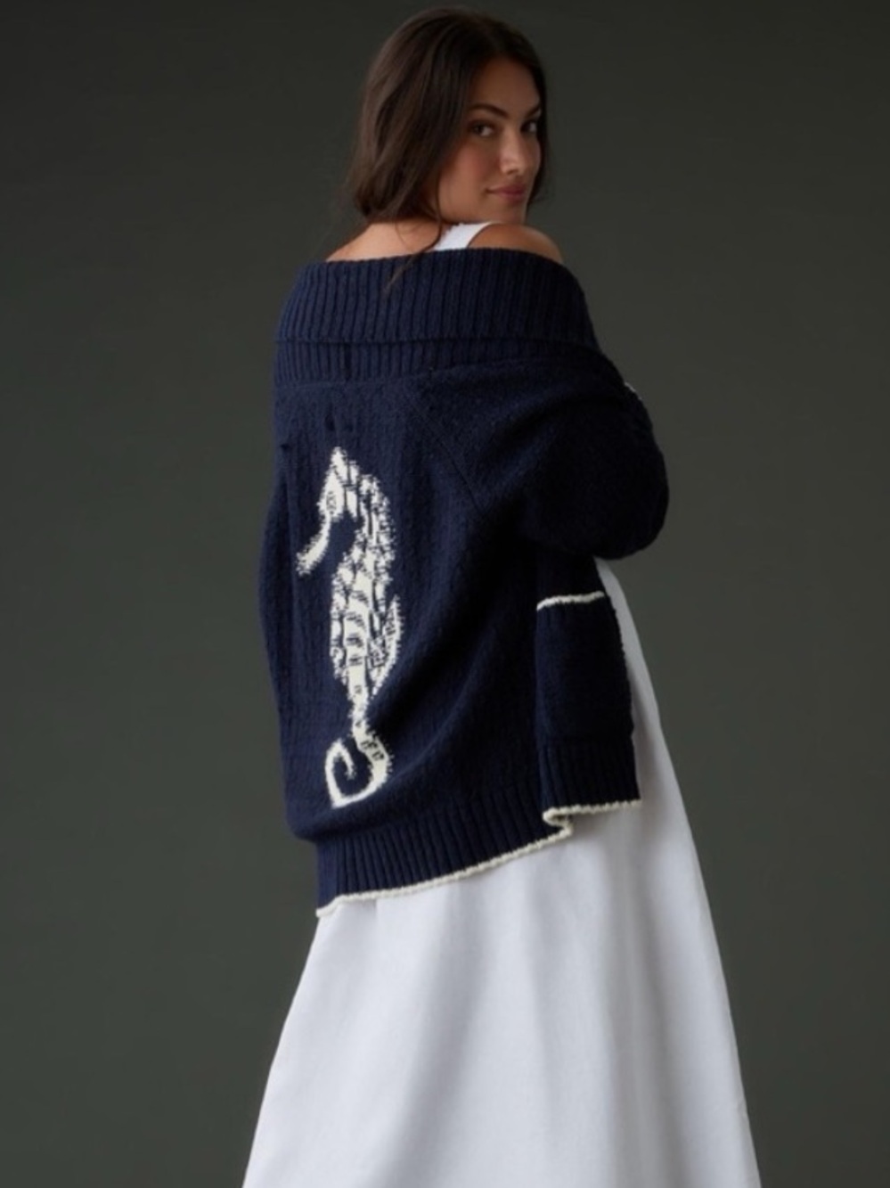Anthropologie Maeve Seahorse Cardigan Sweater Navy Size Large Petite - Picture 10 of 10